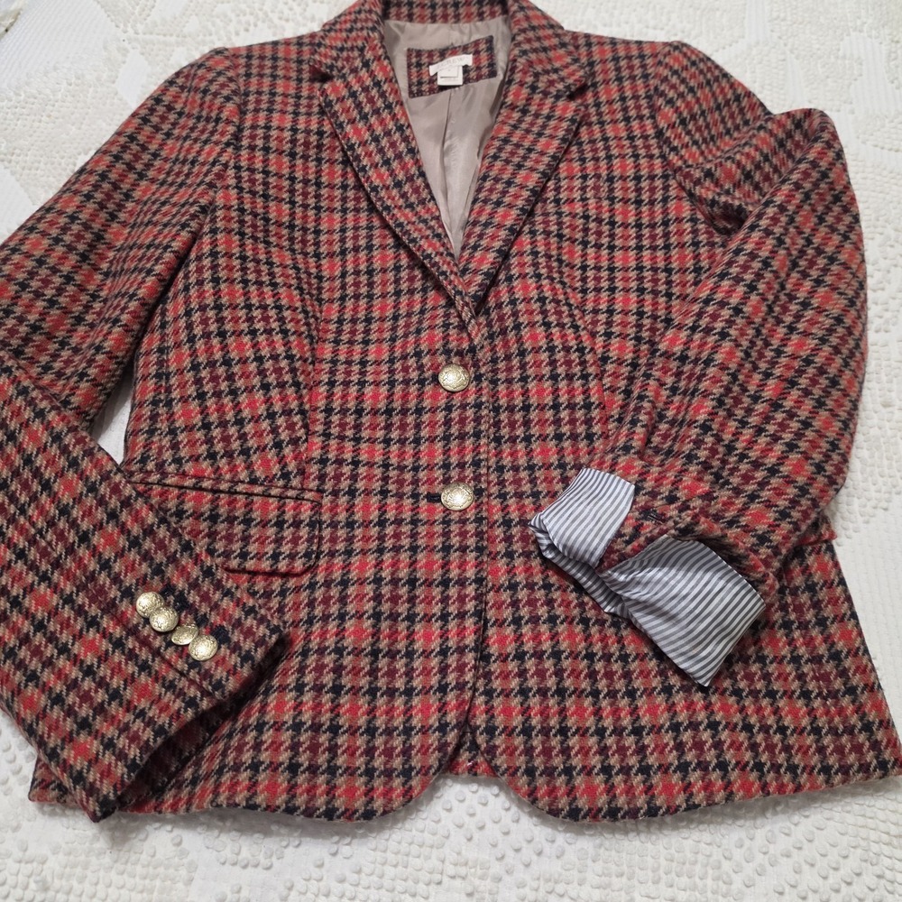 J.Crew Plaid Blazer Jacket Sz 6 Gold Crest Buttons Equestrian Old Money Preppy